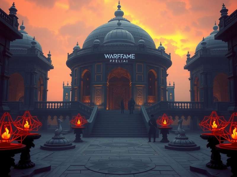 Warframe Temple का रहस्यमय प्रवेश द्वार, प्राचीन प्रतीकों और ऊर्जा से चमकता हुआ