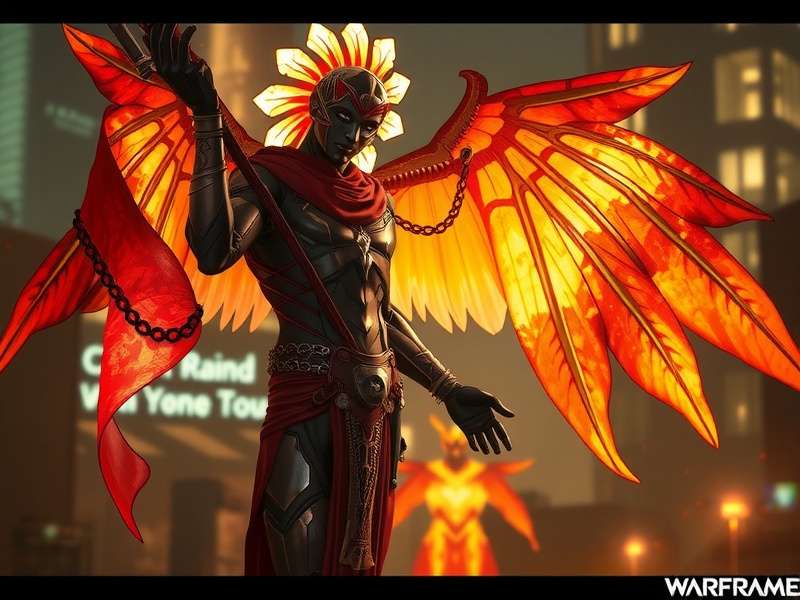 Warframe Uriel concept art showing angelic warrior with golden armor and fiery wings