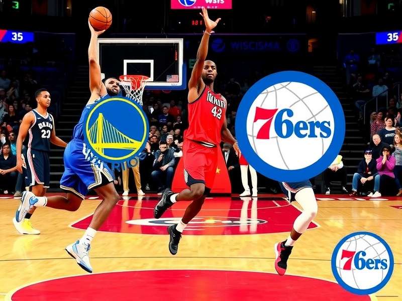 Golden State Warriors vs Philadelphia 76ers के खिलाड़ी कोर्ट पर संघर्ष करते हुए