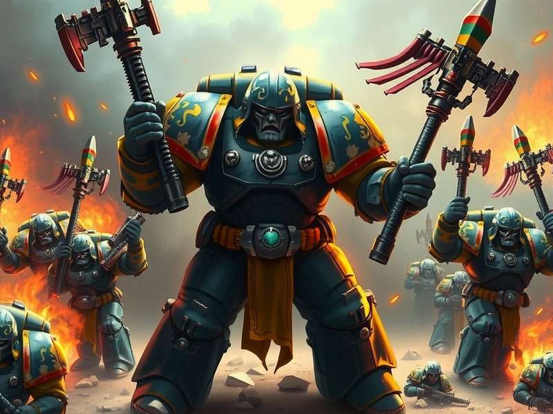 Warhammer 40k Space Marine in epic battle pose with power armor and boltgun