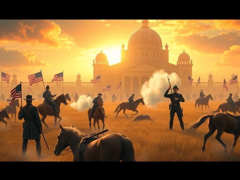 Historical reenactment of American Civil Union soldiers firing muskets in a smoky battlefield