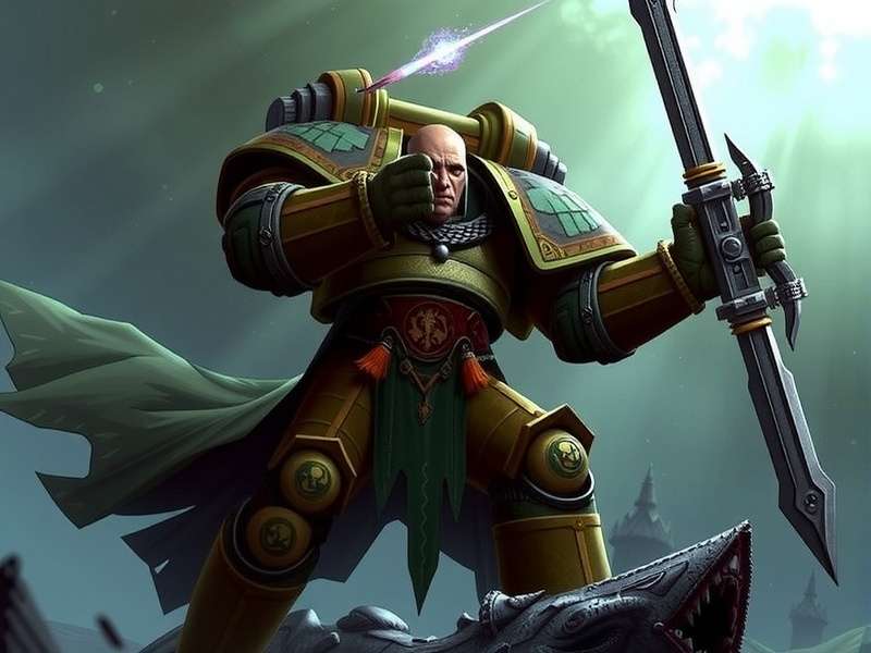 Epic battle scene between Imperial Space Marines and Chaos Forces on the surface of Terra