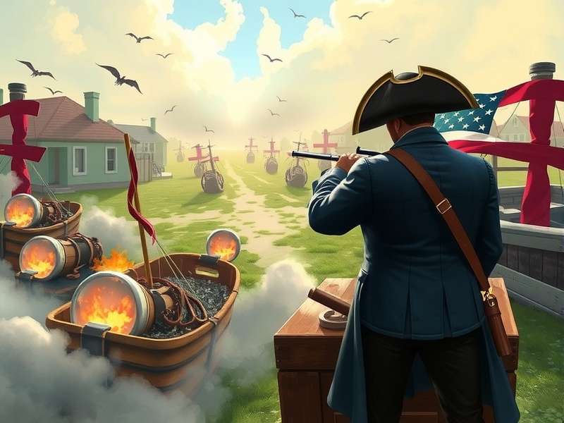 Historical depiction of a revolutionary war battle scene with soldiers