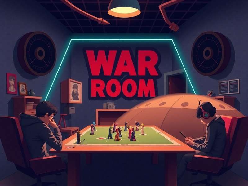 A futuristic war room command center with multiple tactical screens displaying maps and data