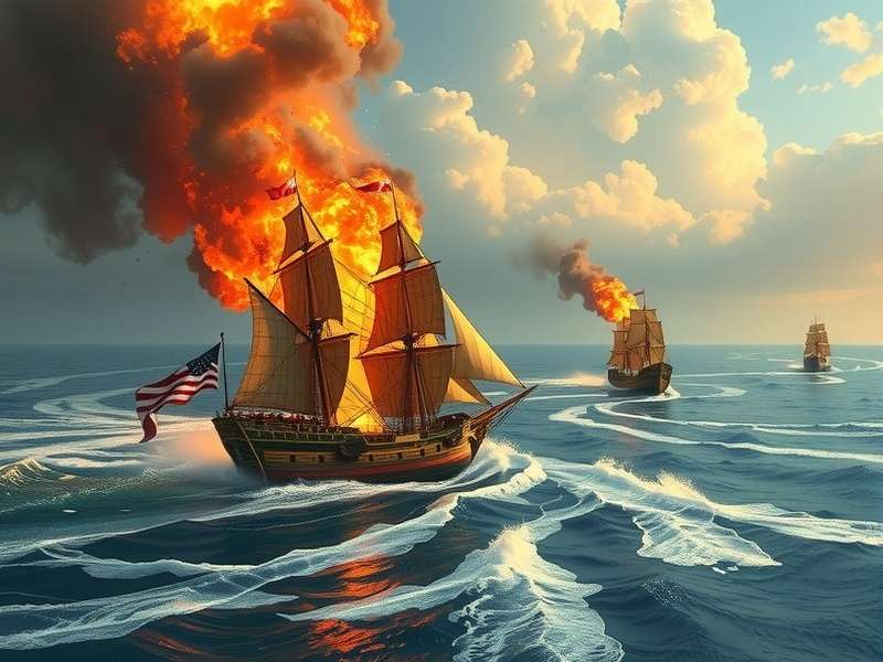 Artistic depiction of The War Between The Land And The Sea showing naval and ground forces in conflict