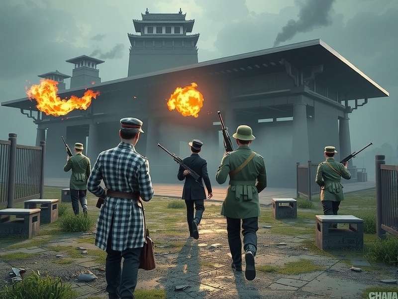 Korean War battlefield panorama — soldiers advancing across rugged terrain under smoke-filled skies