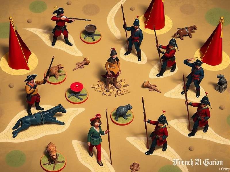 French And Indian War battle scene with soldiers and Native American allies in the wilderness
