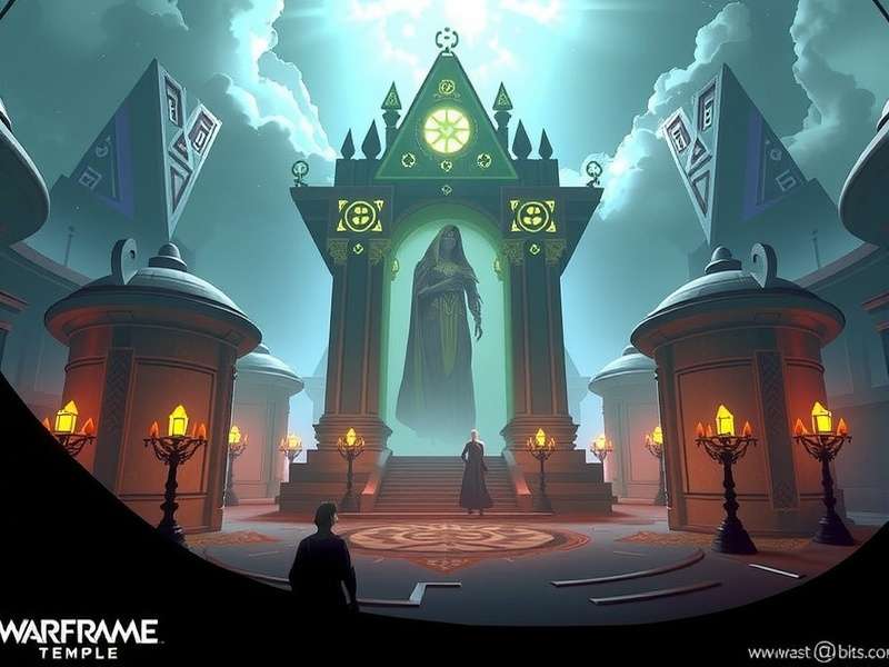 Warframe Temple — sacred Tenno sanctuary depicted in geometric gold and dark blue tones