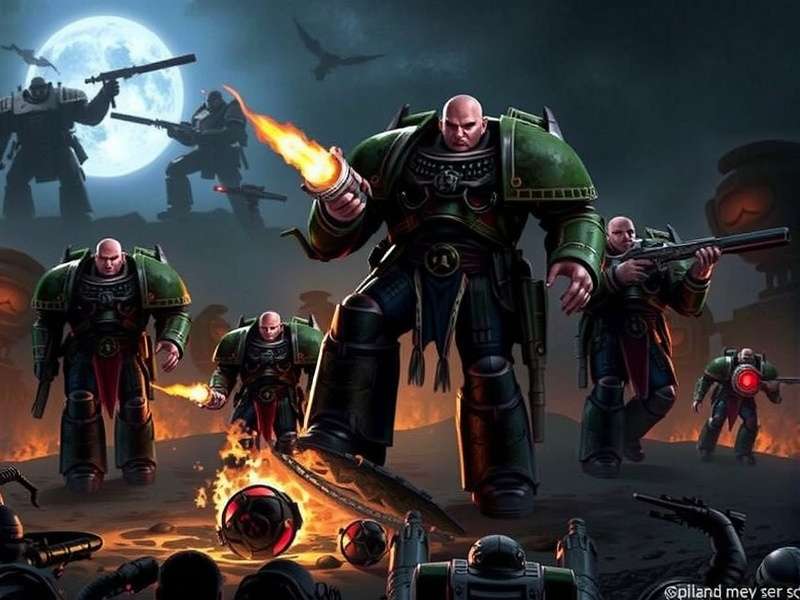 Epic Warhammer 40k wallpaper collage featuring Space Marines, Chaos, and Orks in a grimdark battlefield