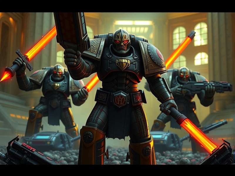 Warhammer 40k miniature army spread across a gaming table with painted terrain, featuring Space Marines and Orks in a dramatic battle scene