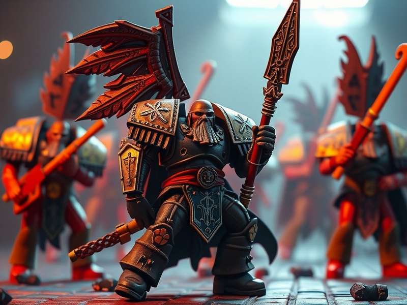 Joytoy Warhammer 40k premium action figure collection displayed in a diorama setting with Imperial and Chaos Space Marines