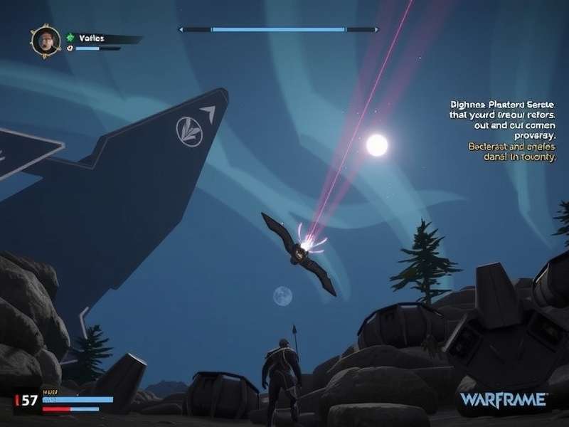 Warframe action gameplay with futuristic warrior and neon lights