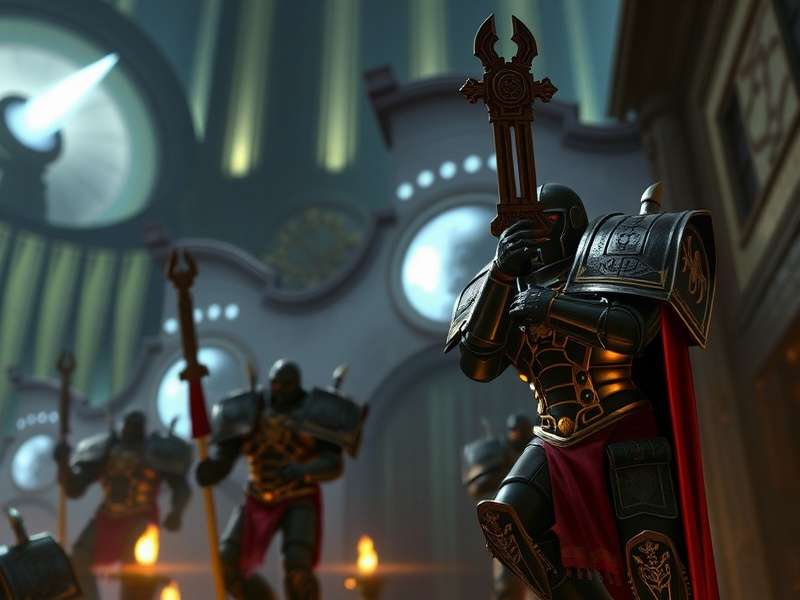 Epic Warhammer 40k cinematic scene with space marines and dramatic lighting