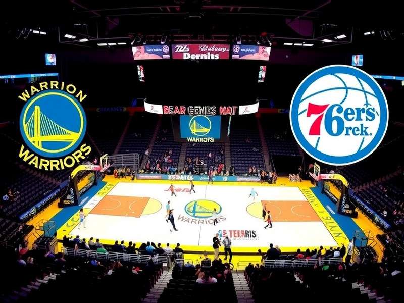 Warriors Vs 76ers epic battle scene on the basketball court with fans cheering